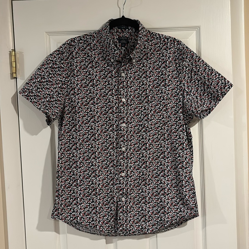 J. Crew Flex Washed Navy Floral Men's Shirt size Large Slim Fit